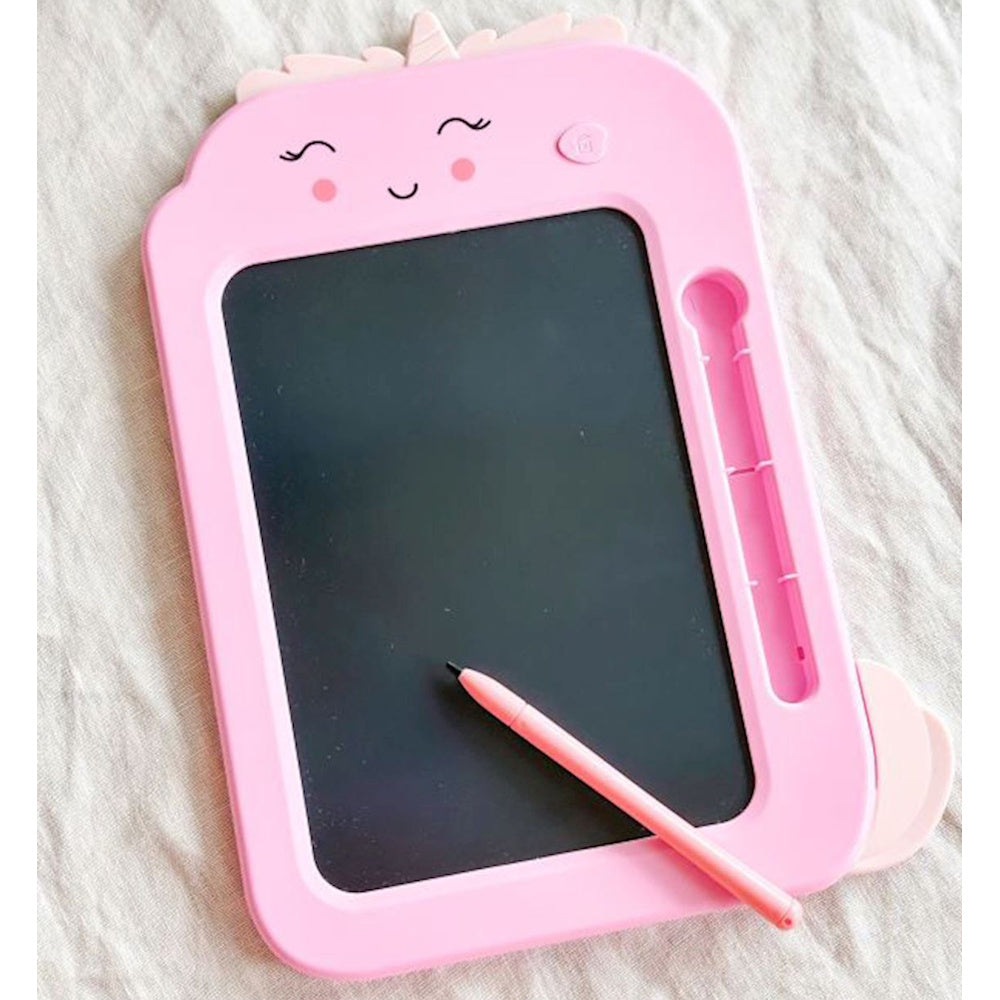 Pink unicorn-themed LCD drawing tablet with attached stylus resting on the screen.