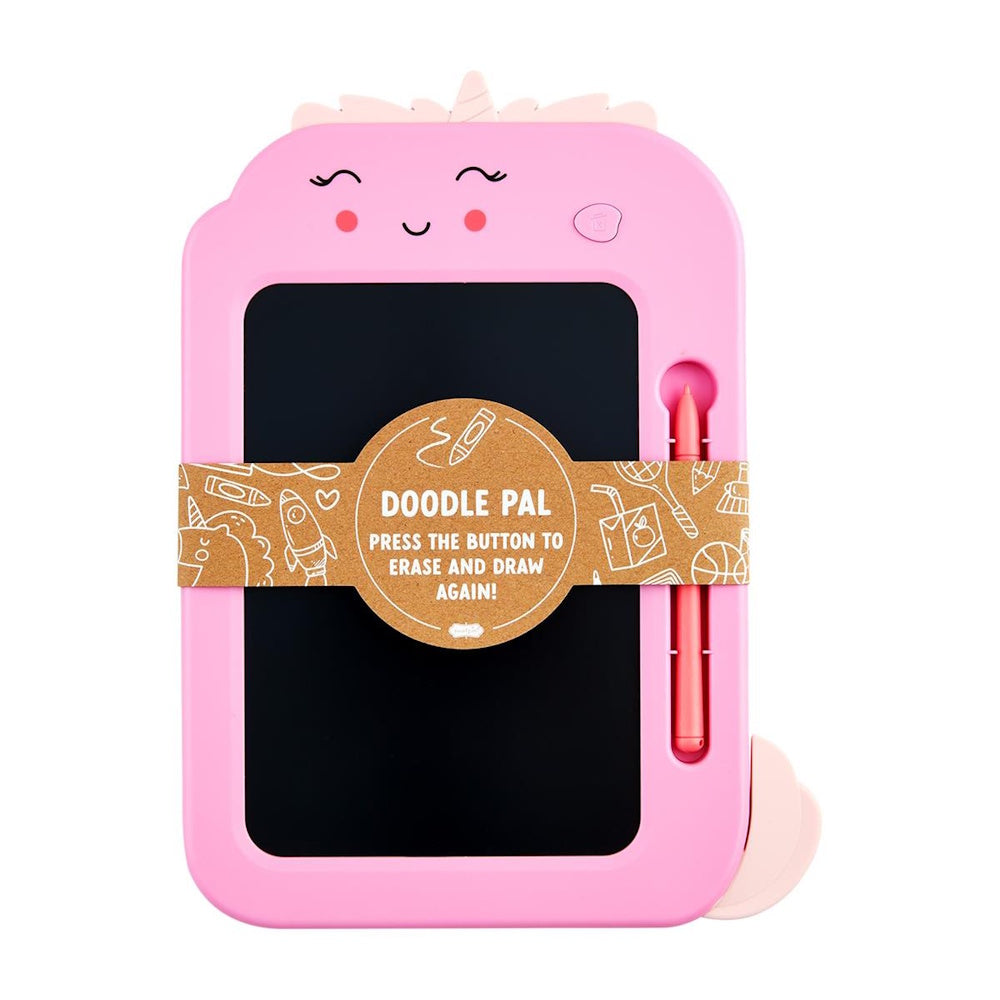 Pink unicorn-themed LCD doodle tablet with a stylus attached and product packaging around the center.