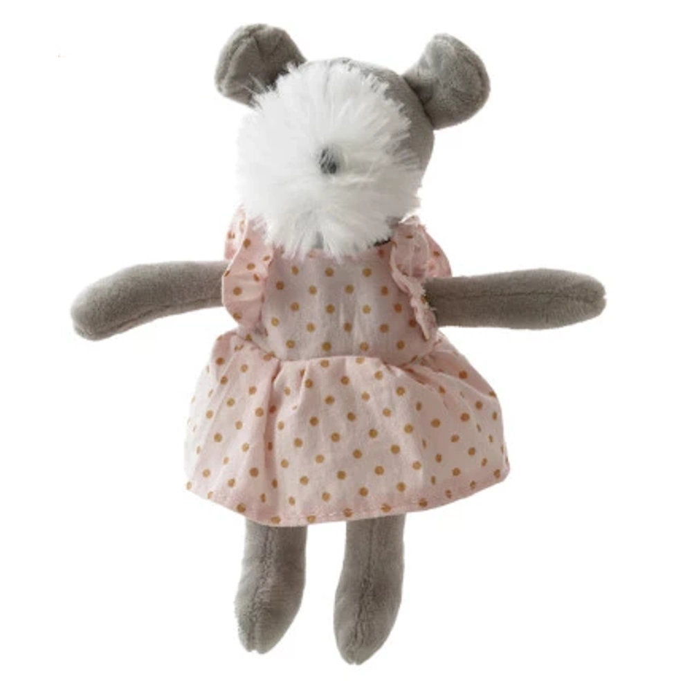 Small plush dog doll with grey fur and a white fluffy face wearing a pink polka-dot cotton dress on a white background.