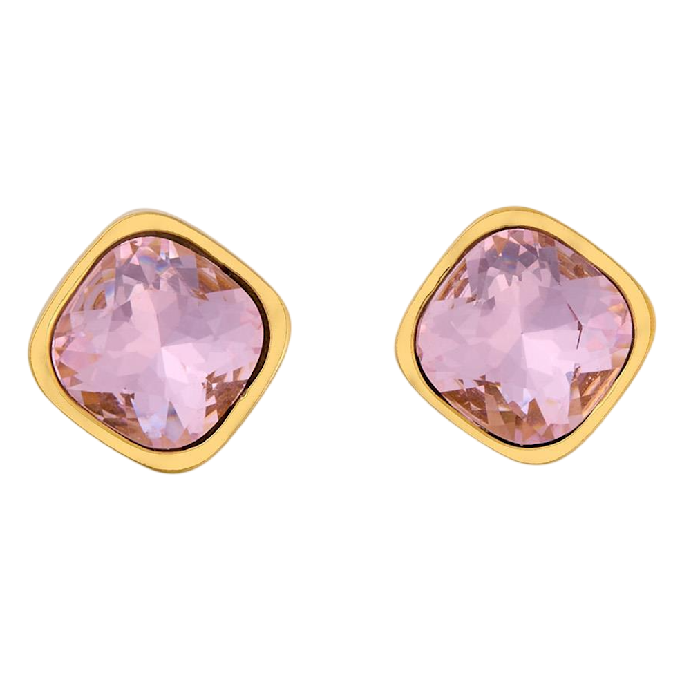 A pair of square cushion-cut pink crystal stud earrings in gold bezel settings on a white background.
