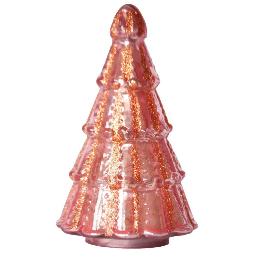 Pink mercury glass Christmas tree figurine decorated with vertical copper glitter stripes.