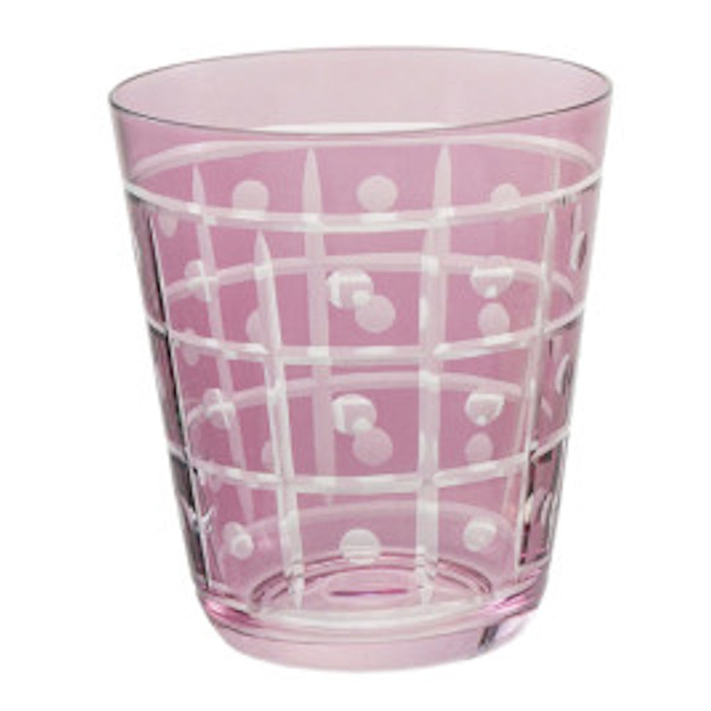 Pink etched glass drinking tumbler with a white grid and polka dot pattern.