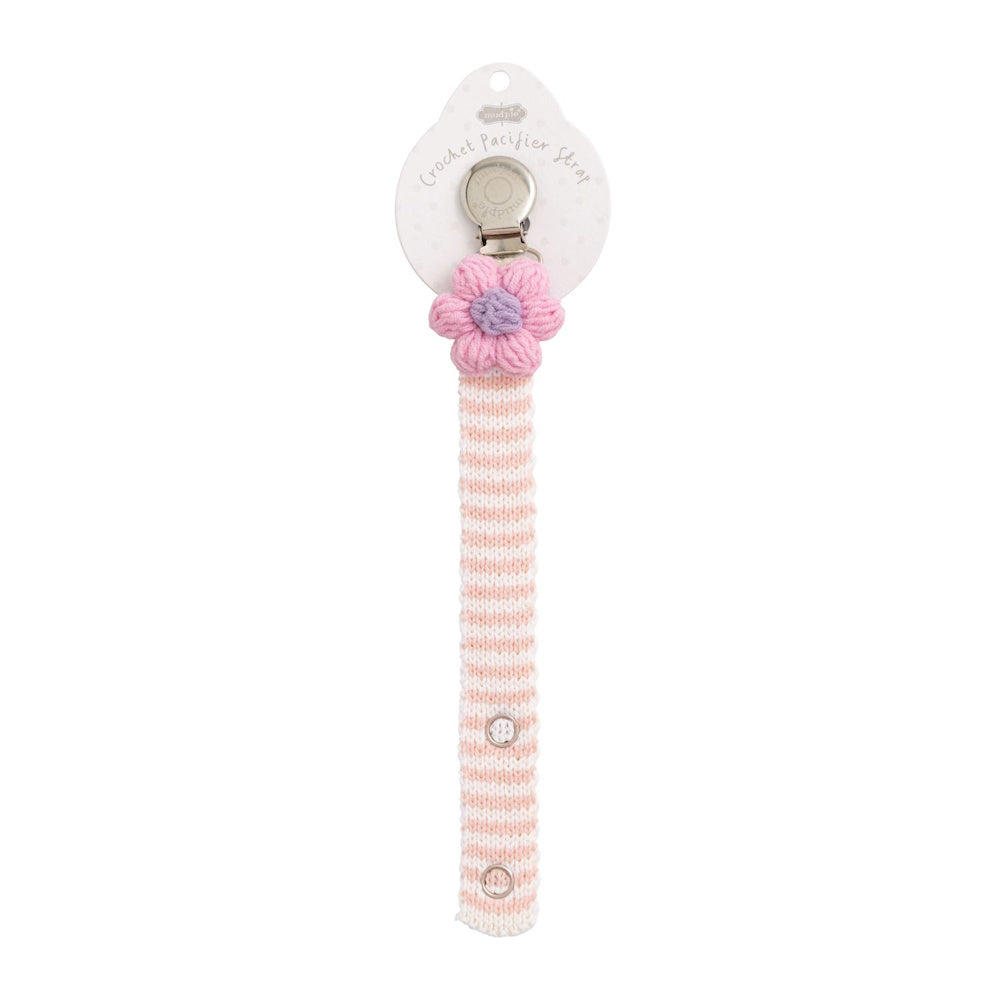 Pink crochet flower pacifier clip with light pink and white striped strap by Mud Pie on a metal attachment clip.