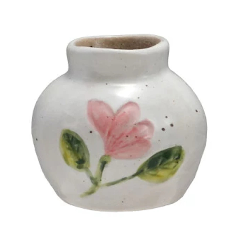 Small hand-painted stoneware bud vase featuring a pink floral design and speckled white glaze.
