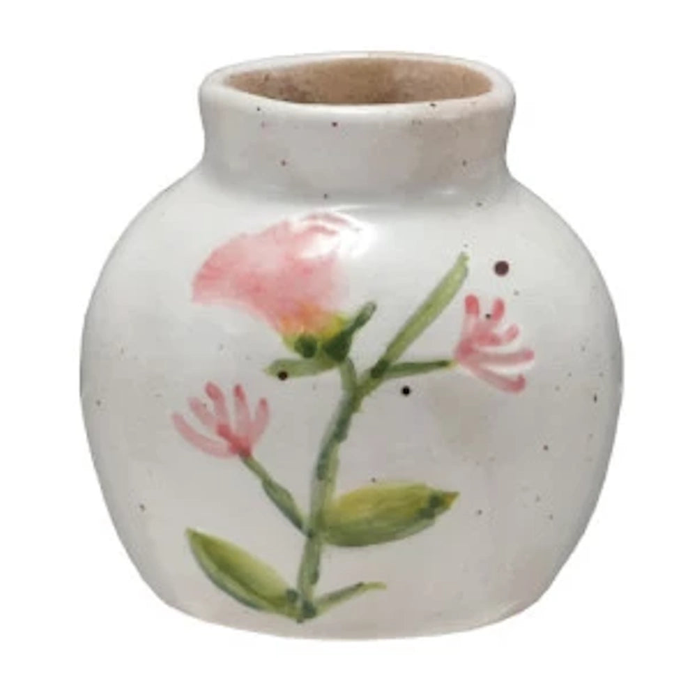 Hand-painted white stoneware bud vase with a pink floral design and speckle finish.