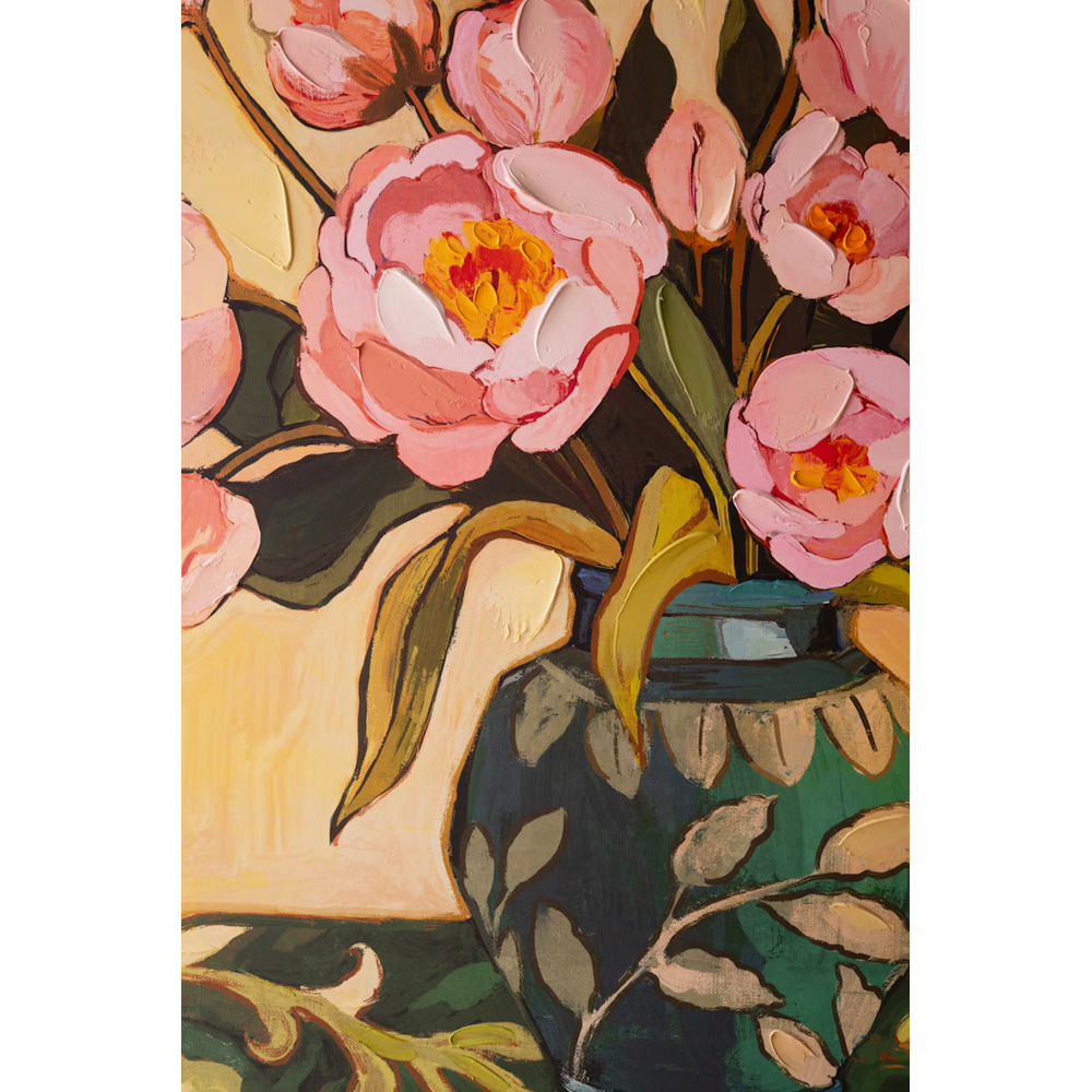 Close-up of a floral painting highlighting textured pink peonies and a leafy teal vase.