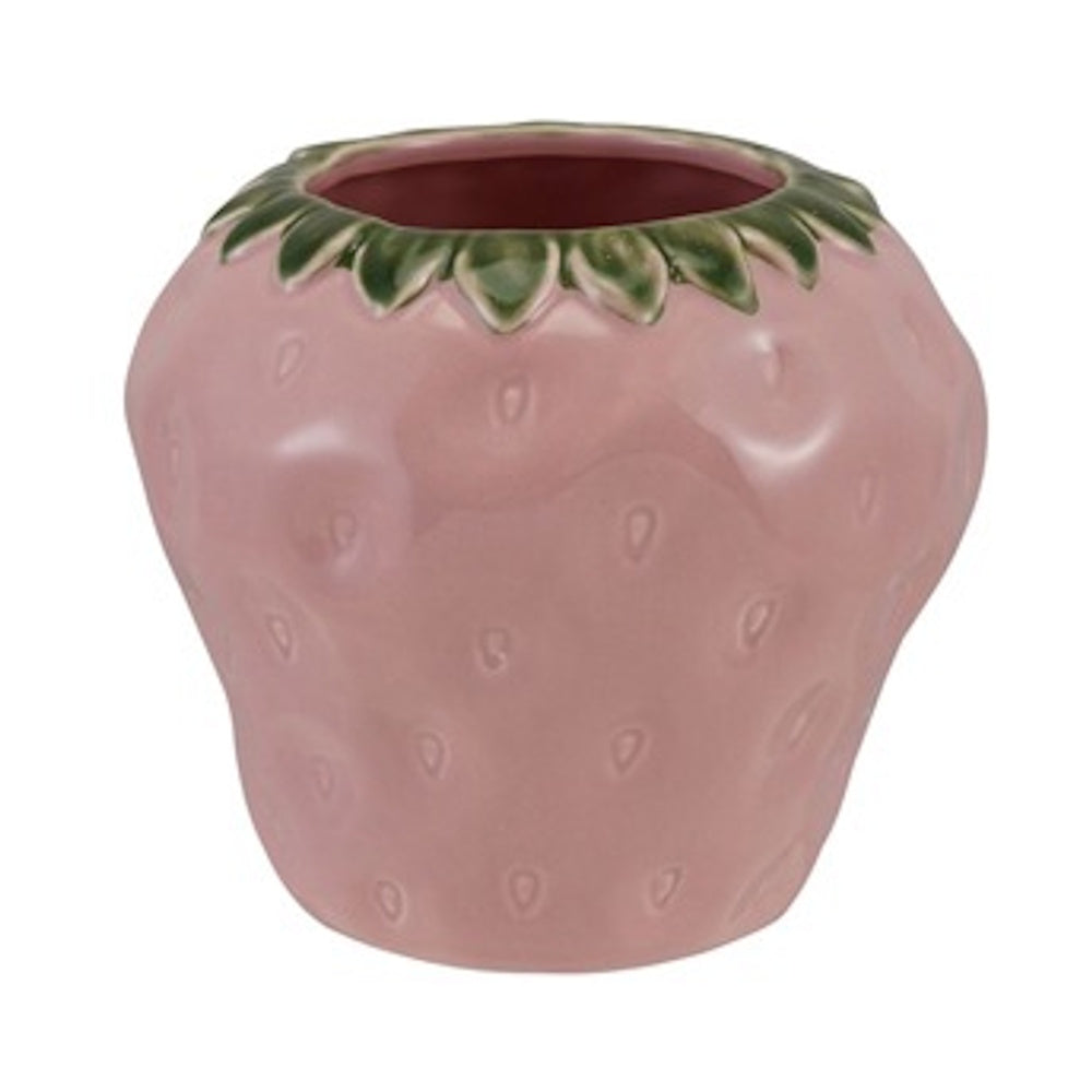 Pink strawberry-shaped ceramic vase with green leaves around the rim and a glossy hand-painted finish.