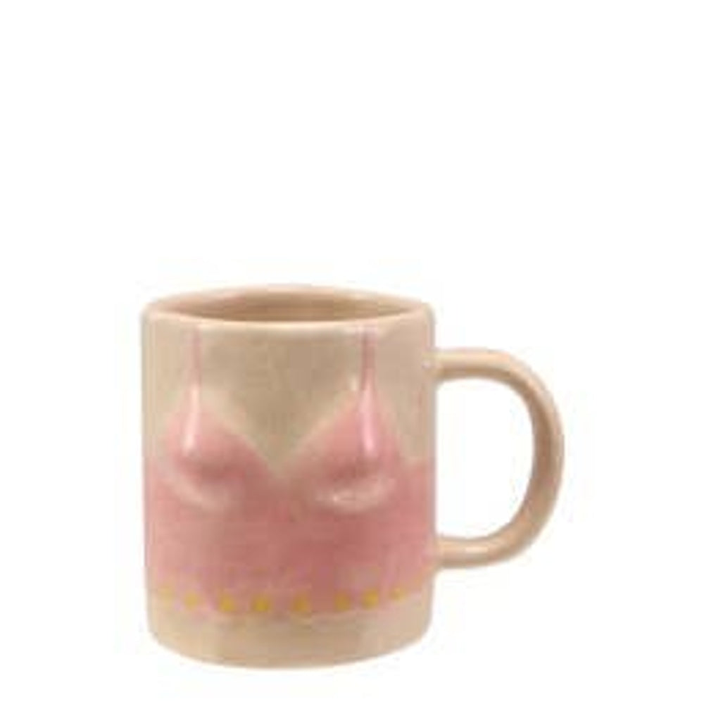 Beige stoneware coffee mug featuring a hand-painted pink bikini top design with yellow details.
