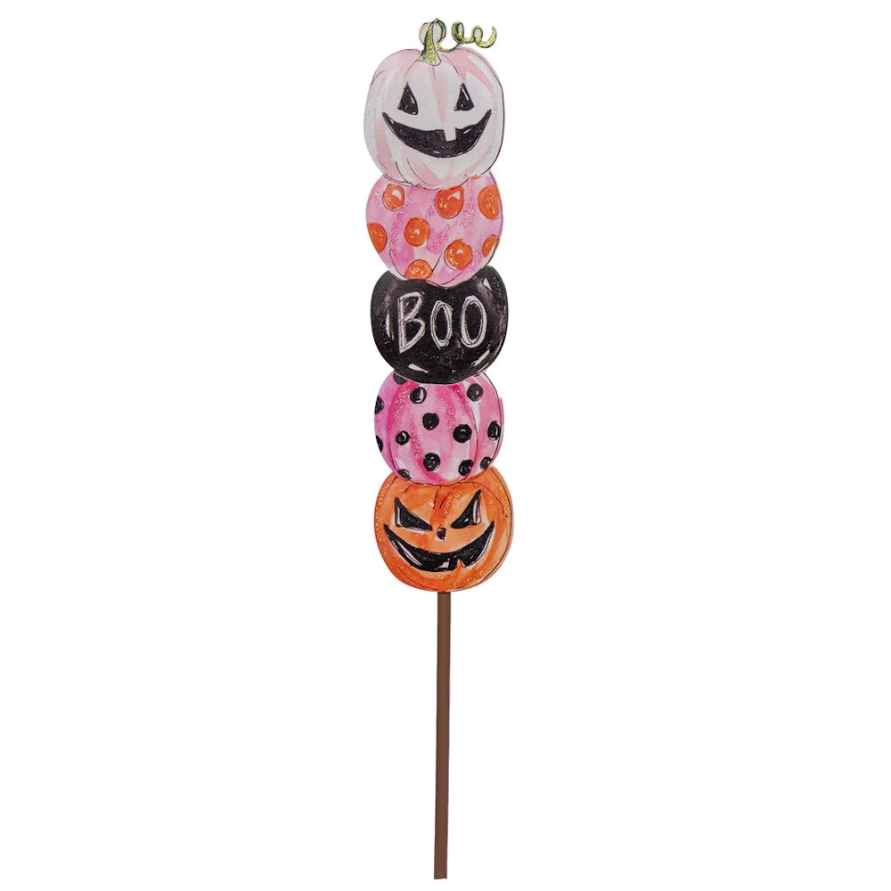 Halloween pumpkin stack stake with pink, black, and orange jack-o'-lanterns and a "BOO" design.