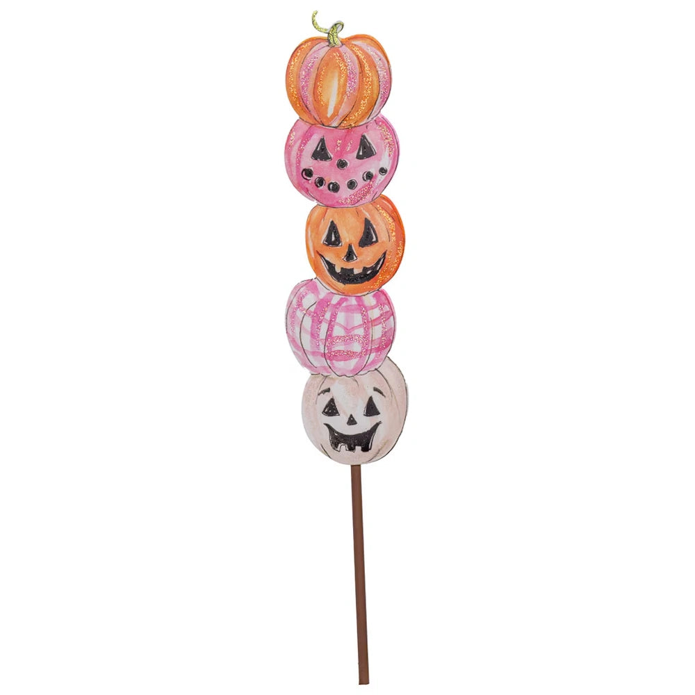 Stacked pink and orange Halloween pumpkin garden stake with jack-o'-lantern faces and plaid pattern.