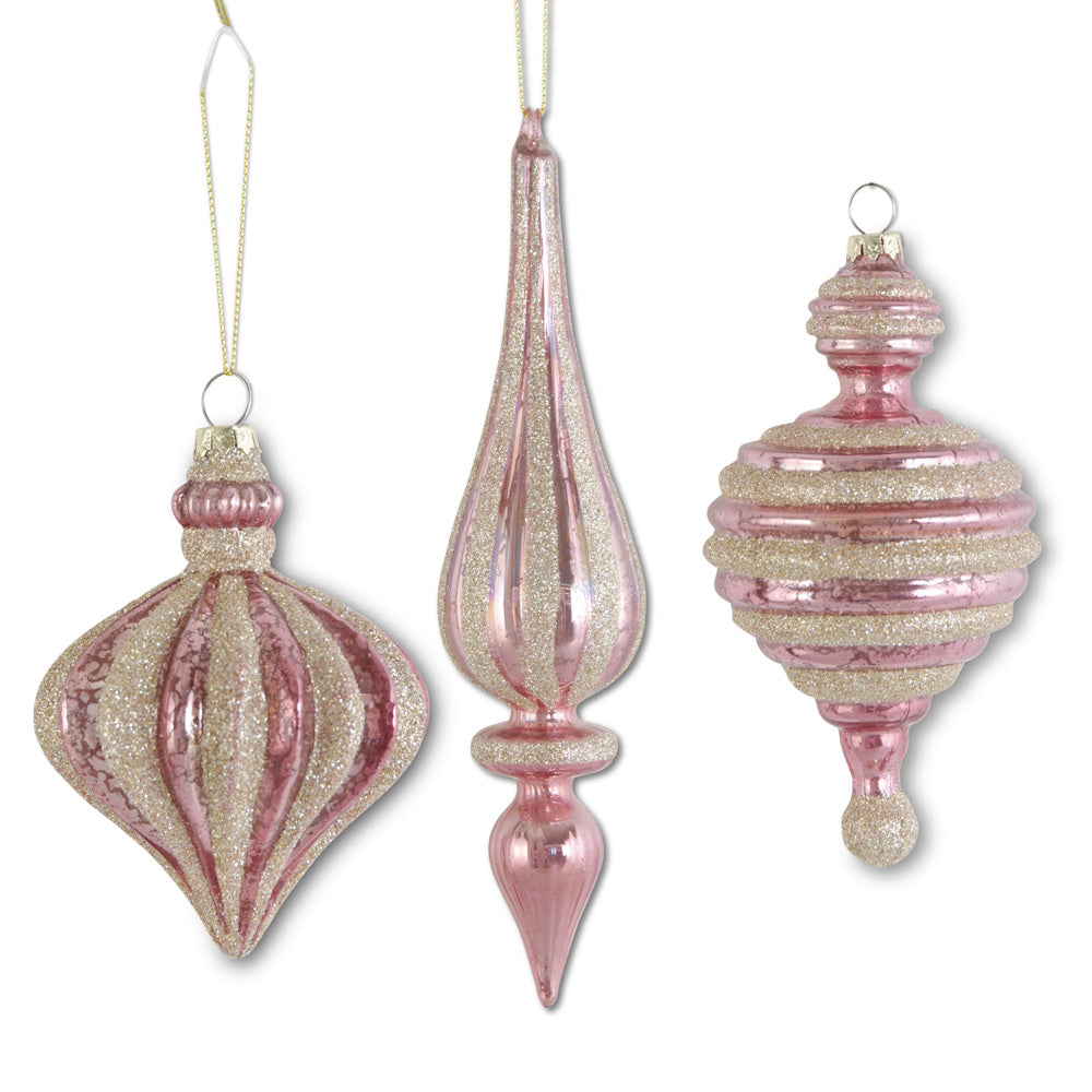 Three pink mercury glass ornaments accented with champagne glitter stripes.