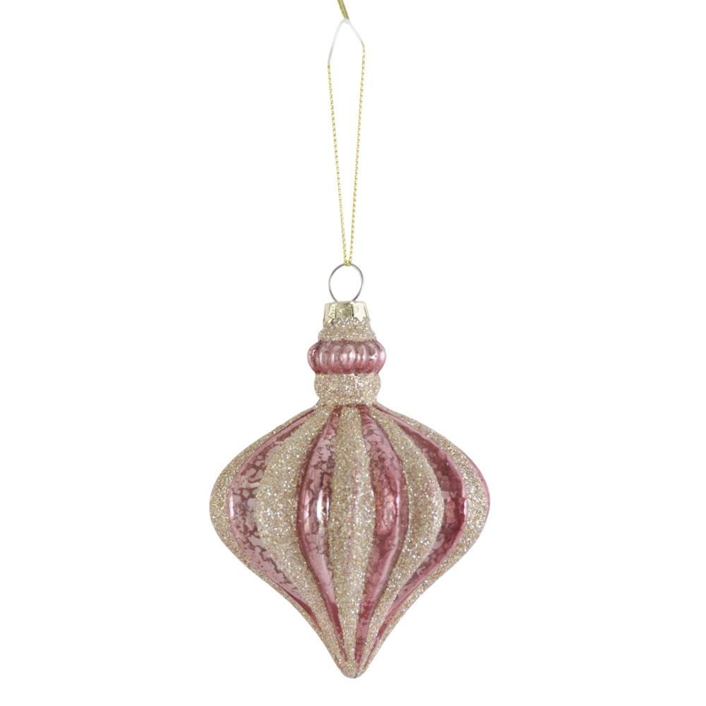 A pink mercury glass ornament accented with champagne glitter stripes and a hanging string.