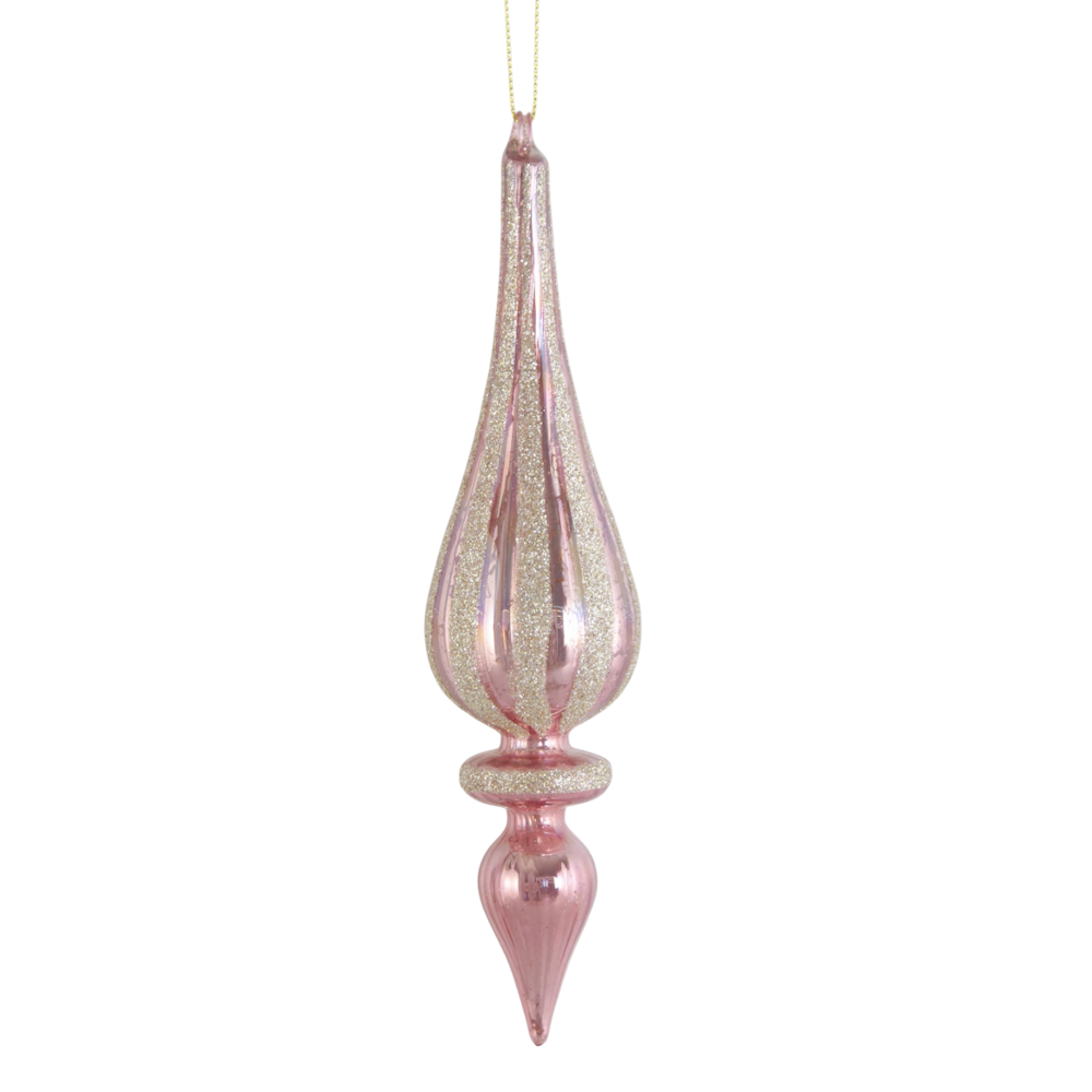 An elongated pink mercury glass finial ornament accented with champagne glitter stripes.