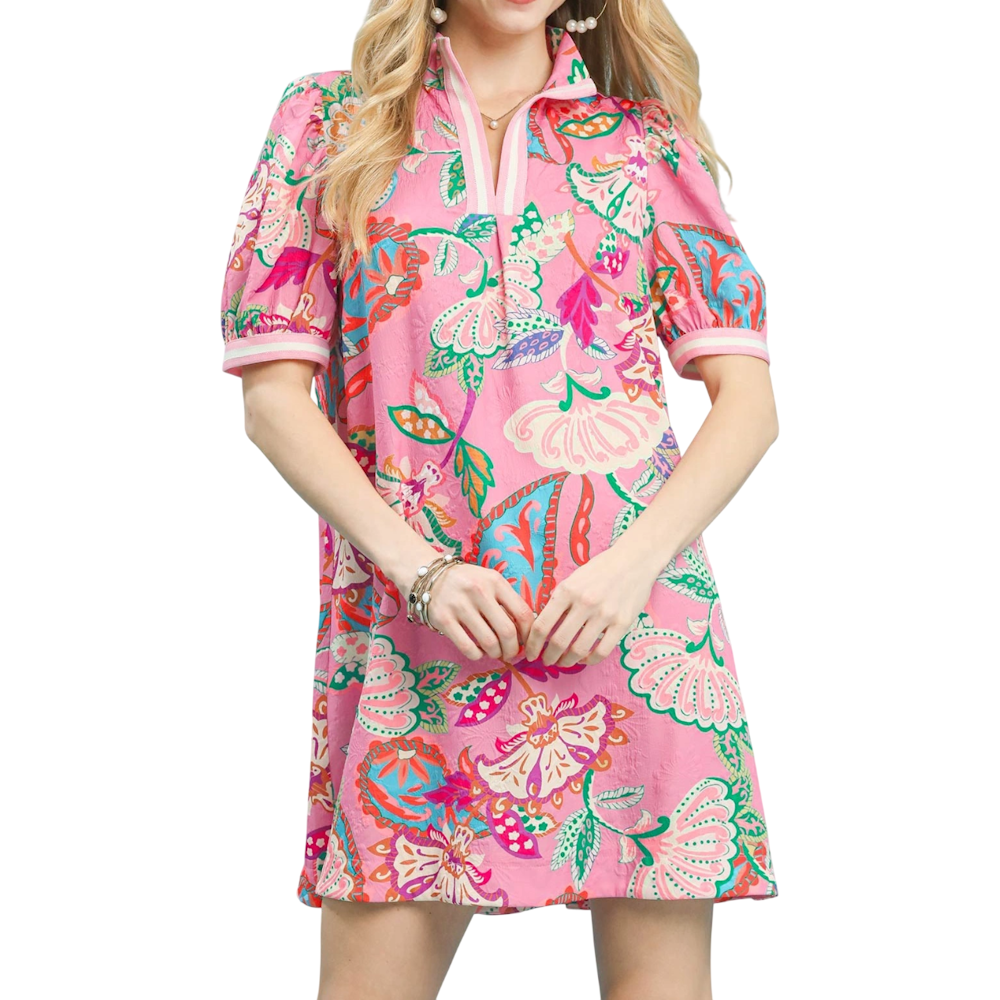 Pink jacquard paisley puff sleeve tunic dress with a floral print and striped collar detail on a model.