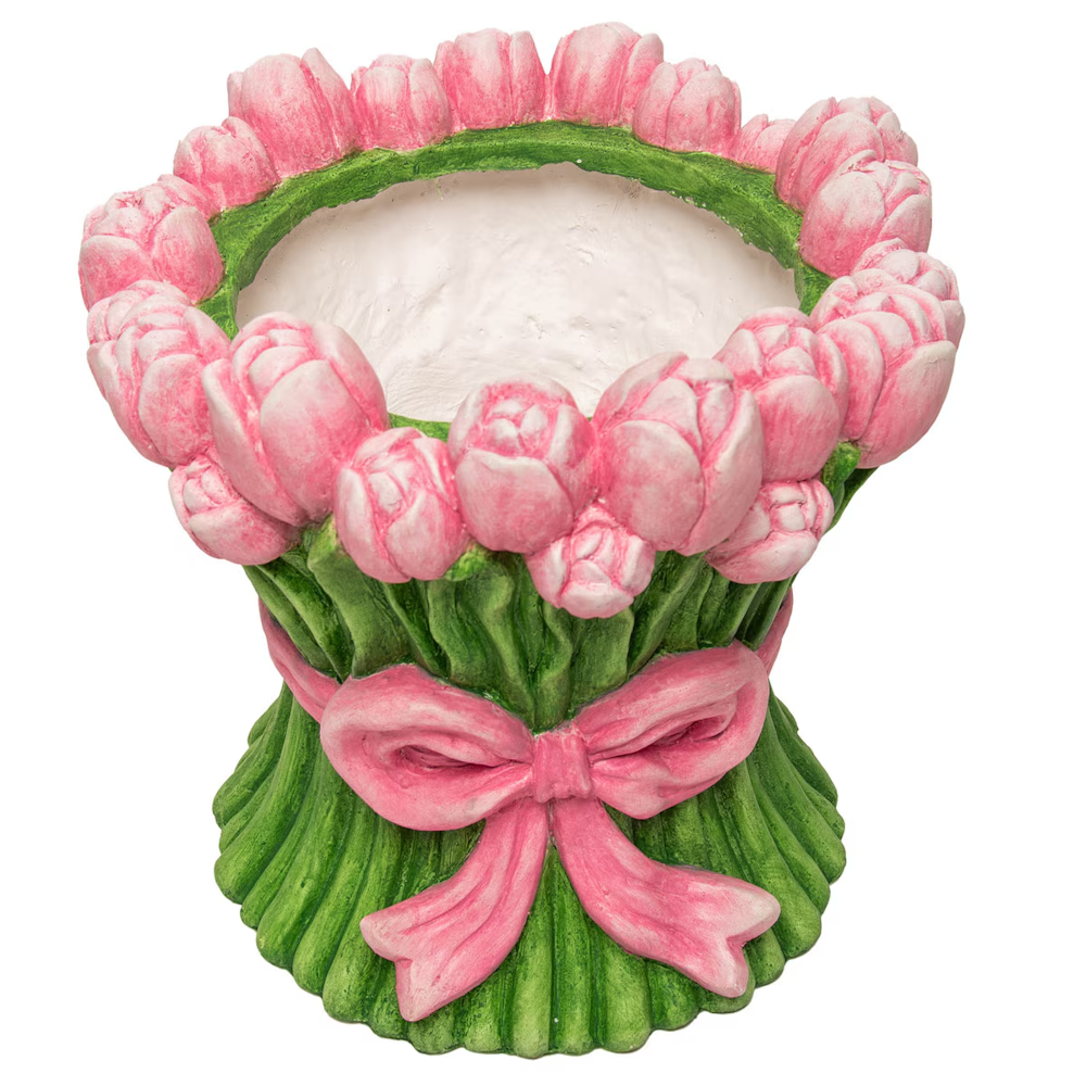 Decorative flower pot featuring pink tulips, green stems, and a pink ribbon bow. Perfect for spring home decor.