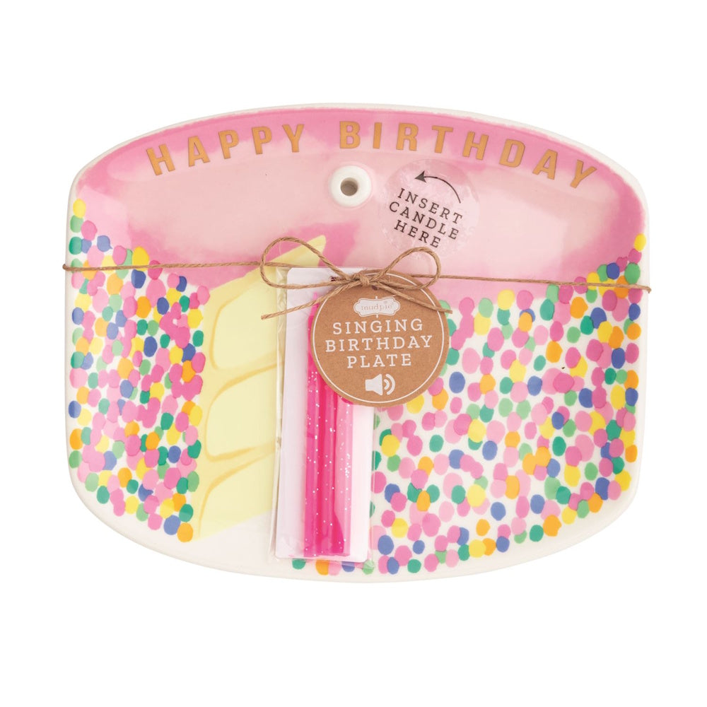 Mud Pie singing birthday plate set with pink candles and colorful confetti cake design.