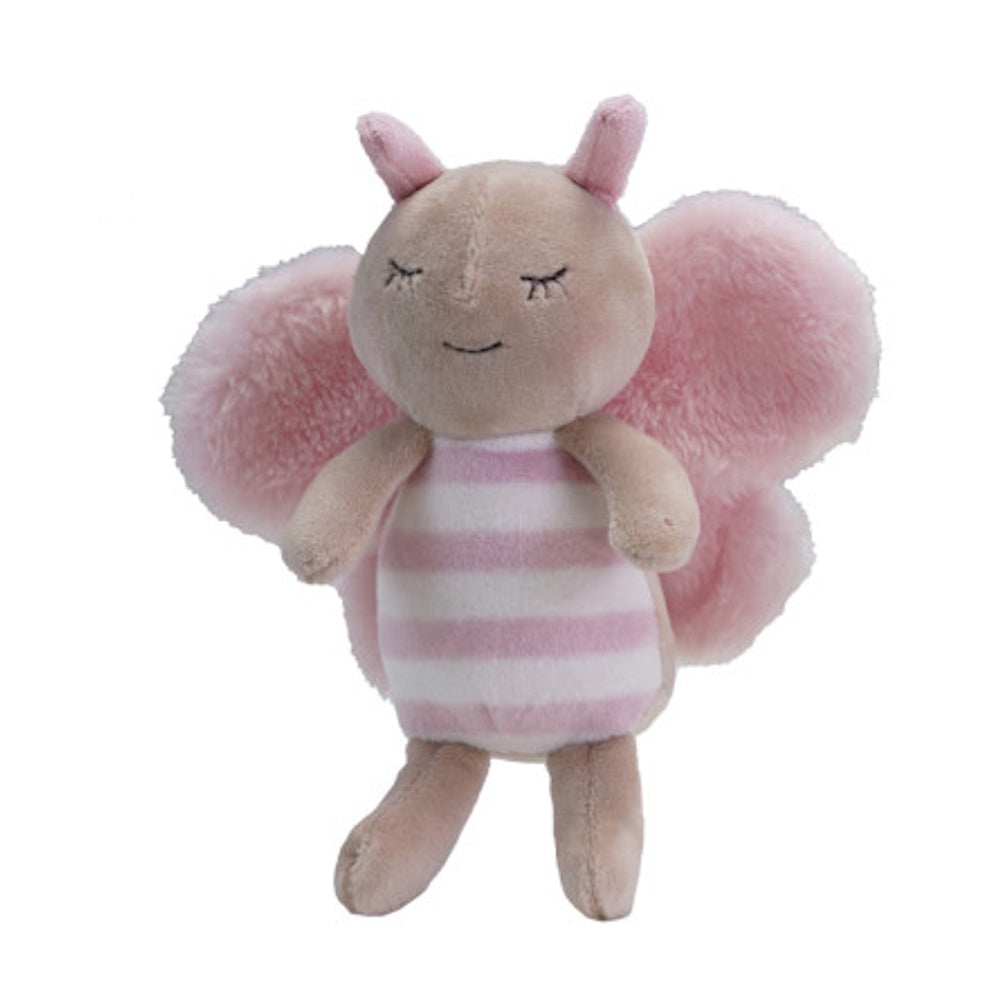 Plush pink and tan butterfly stuffed animal toy with a striped belly and closed eyes.
