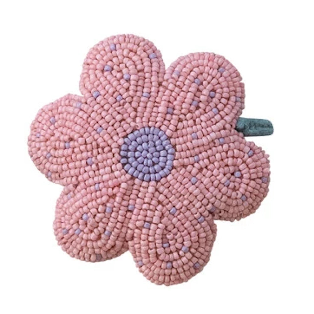 Handmade pink and purple glass beaded flower-shaped retractable tape measure for sewing and crafts.