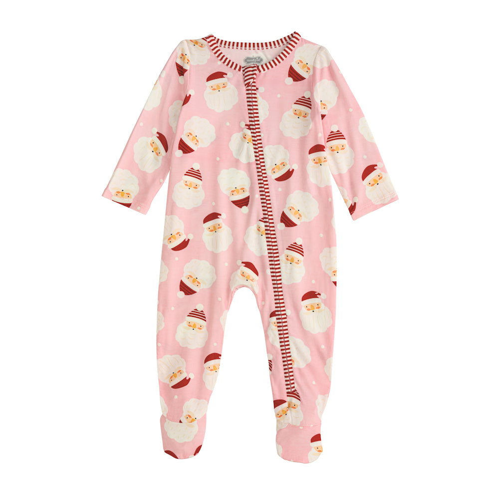 Pink baby footed sleeper featuring a Santa Claus print and red striped zipper trim on a white background.