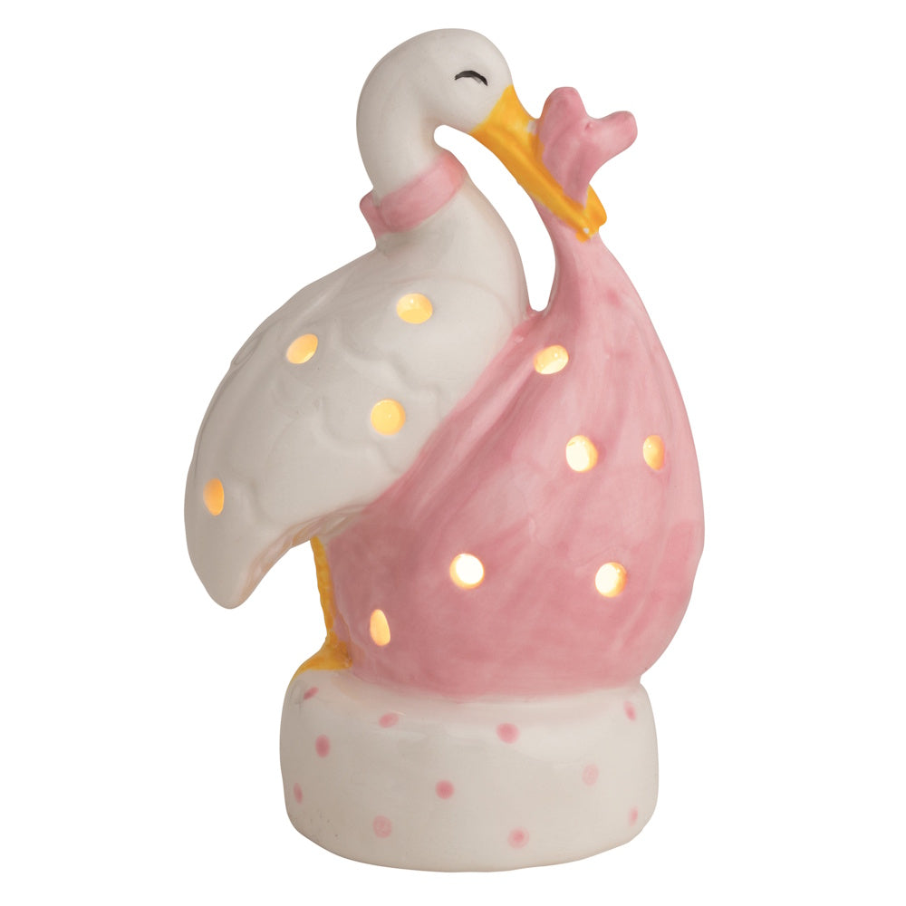 Ceramic white stork light-up sitter carrying a pink bundle, featuring decorative cutouts and a pink polka dot base.