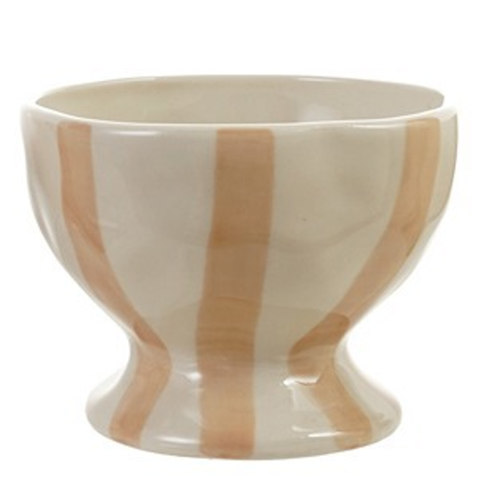 Small ceramic footed bowl with hand-painted light pink vertical stripes on an off-white background.