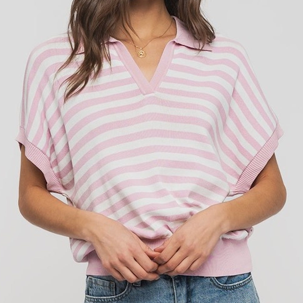 Pink-and-white striped knit polo top with a V-neck, collar, short dolman sleeves, and ribbed trim.