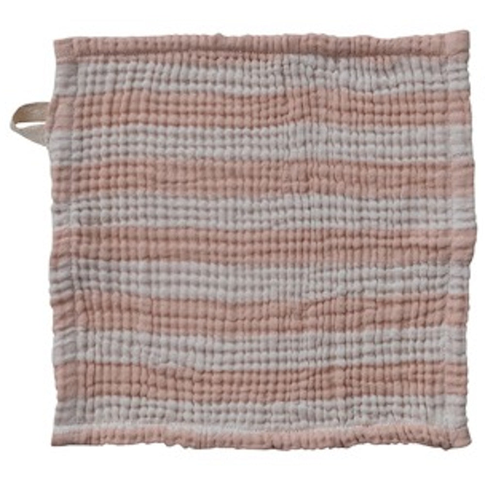Square pink and white striped dish cloth with a textured, puckered weave and a small hanging loop.