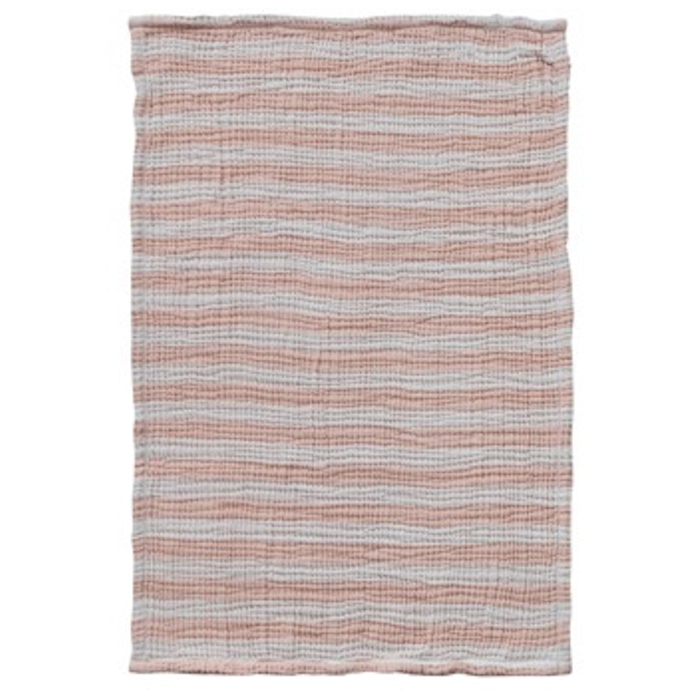 Rectangular tea towel with horizontal pink and white stripes. The fabric has a textured, crinkled double-cloth weave.