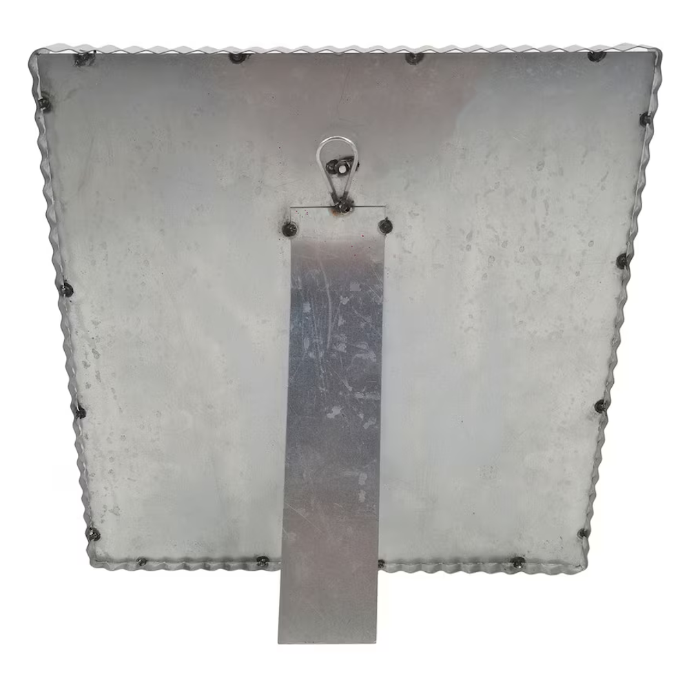 Back view of a square galvanized metal display board featuring a built-in easel stand and hanging loop.