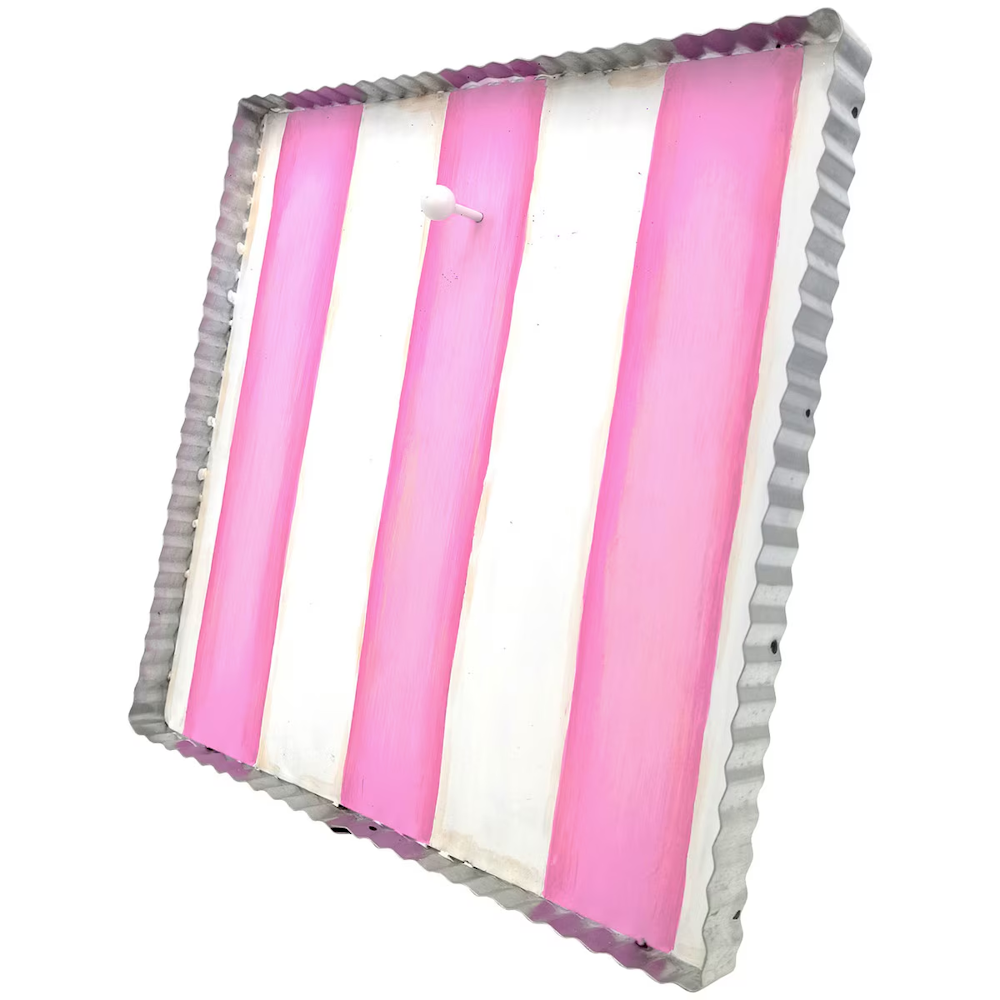 Pink and white striped square display board with a corrugated metal frame and a single white peg for hanging.