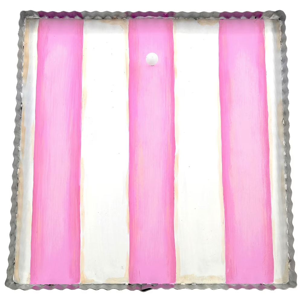 Hand-painted pink and white striped metal tray with a scalloped edge for home decor or display.