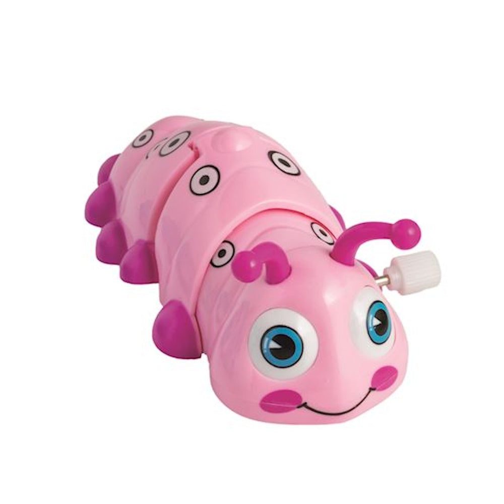 Pink wind-up caterpillar toy crawler with a smiling face and purple legs, isolated on a white background for kids' play.