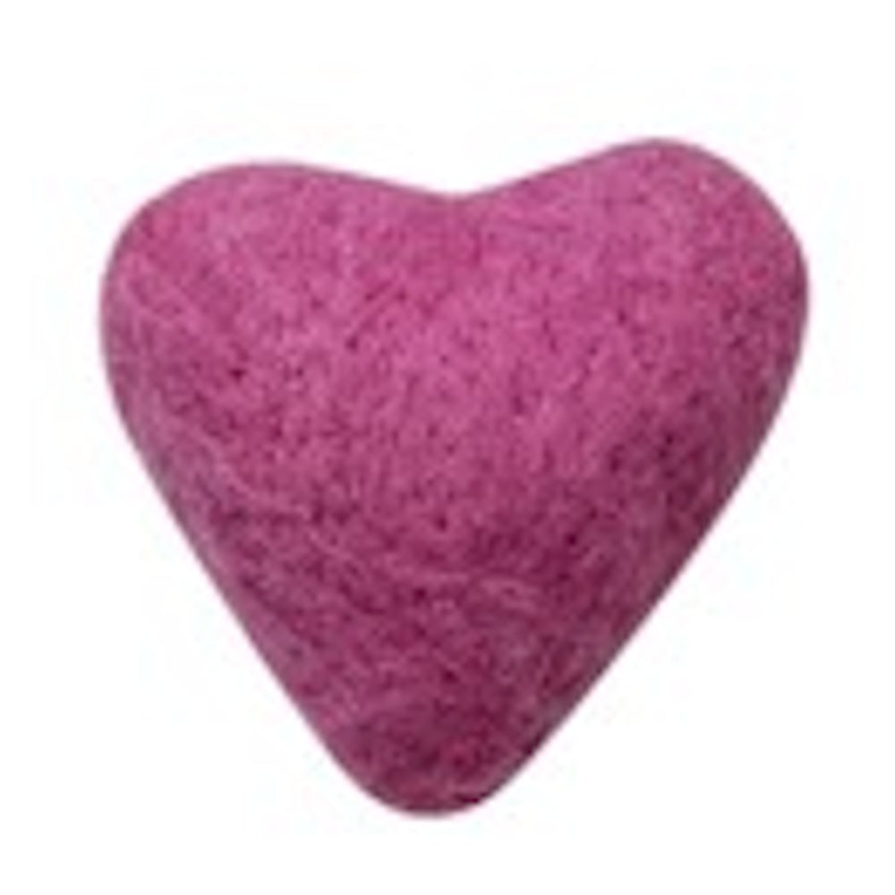 A small, pink, needle-felted wool heart with a fuzzy texture on a white background.
