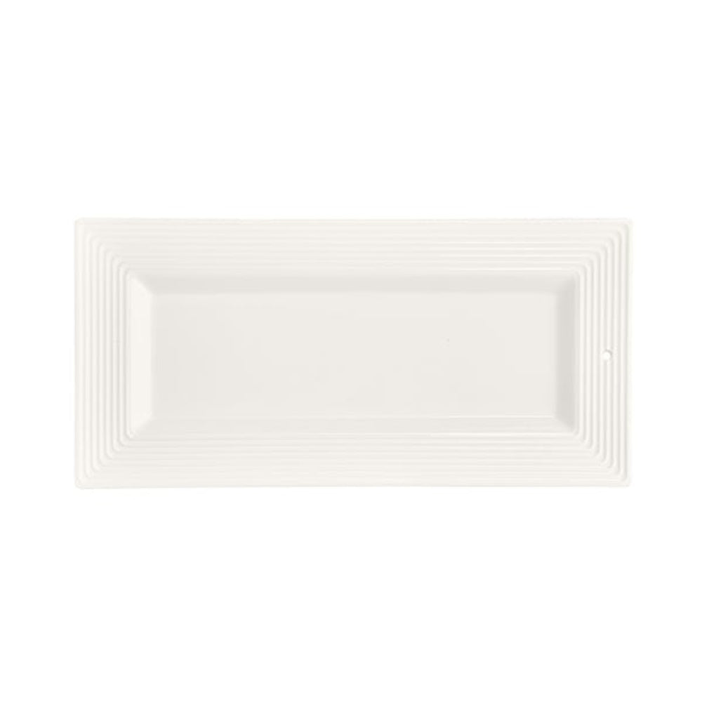 A long, rectangular white ceramic serving platter with a ribbed, pinstripe border design on a white background.