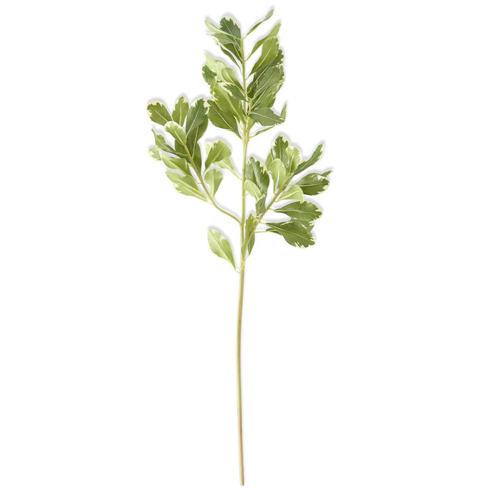 Artificial variegated green and white leaf spray branch for home decor and floral arrangements.