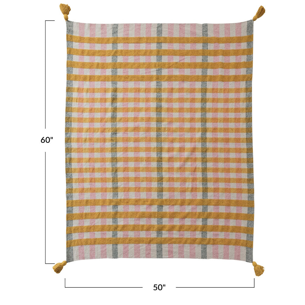 Yellow, pink, and gray plaid throw blanket with corner tassels, measuring 60" by 50".