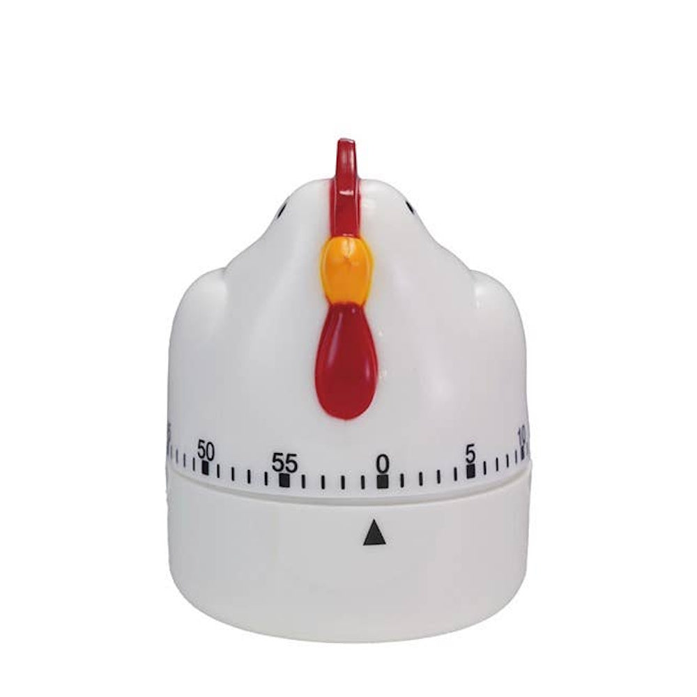 White rooster-shaped mechanical kitchen timer with a red comb and yellow beak.