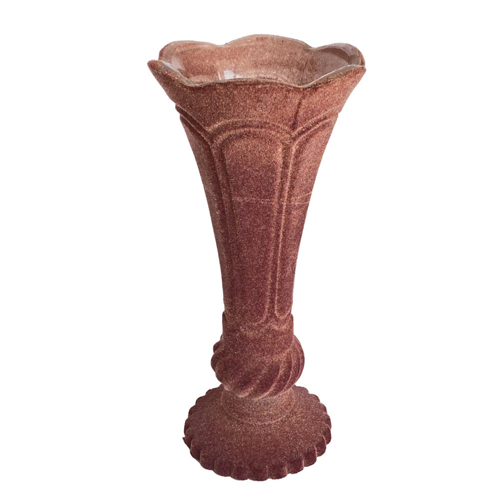 Plum textured footed vase with a scalloped rim on a solid white background.