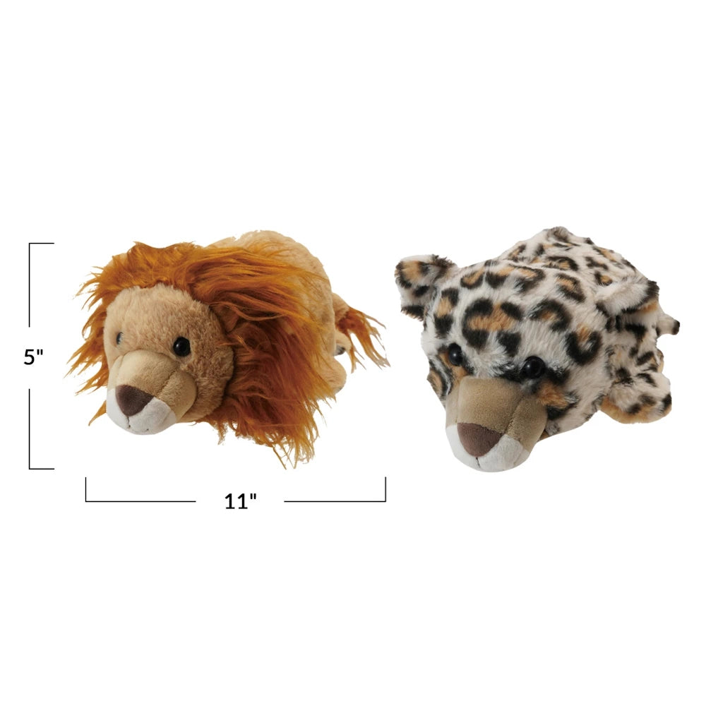 2-in-1 reversible plush lion and leopard toy, 11 inches long by 5 inches tall, soft stuffed animal for kids.