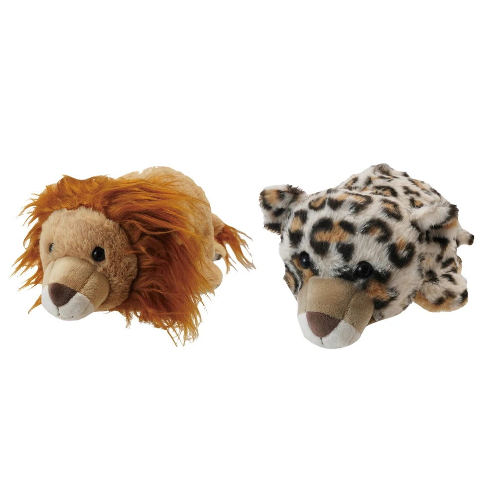 Reversible 2-in-1 plush lion and leopard stuffed animal toy for kids on a white background.