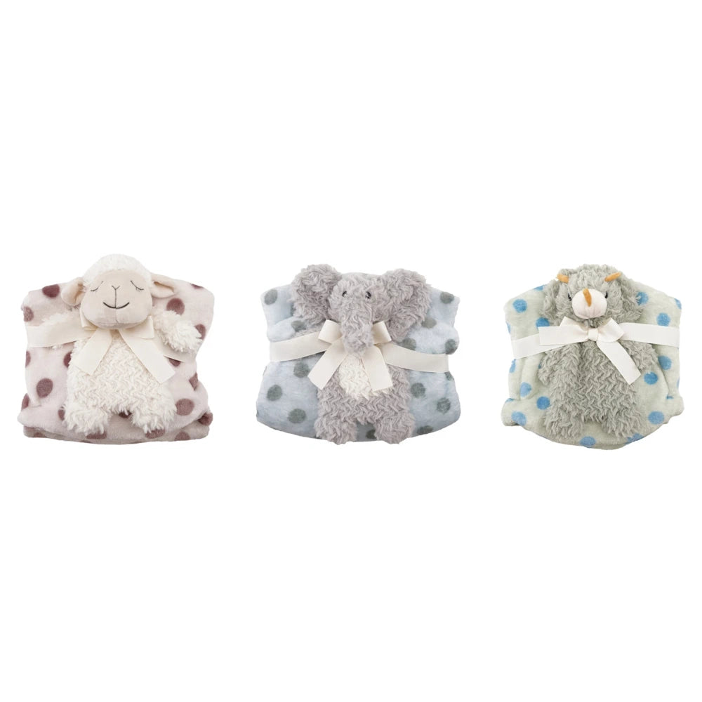 Set of three plush animals (lamb, elephant, rhino) bundled with matching polka dot blankets and white ribbons.