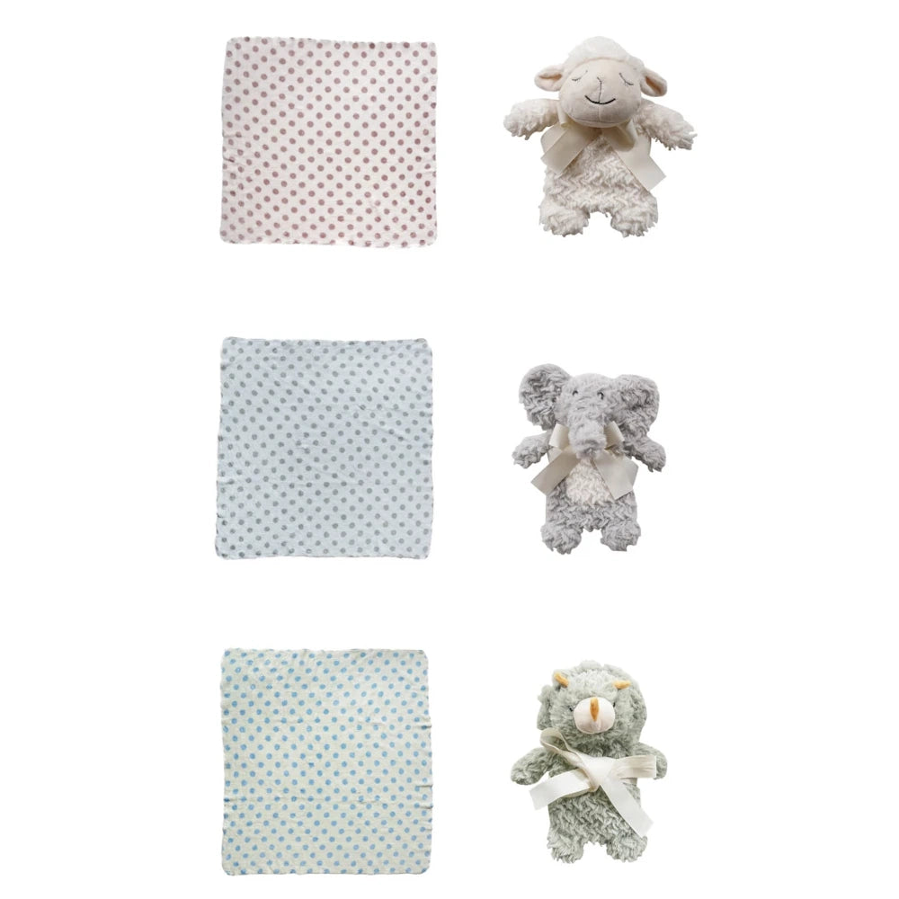 Plush lamb, elephant, and rhino toys shown next to matching pink, grey, and blue polka dot baby blankets.