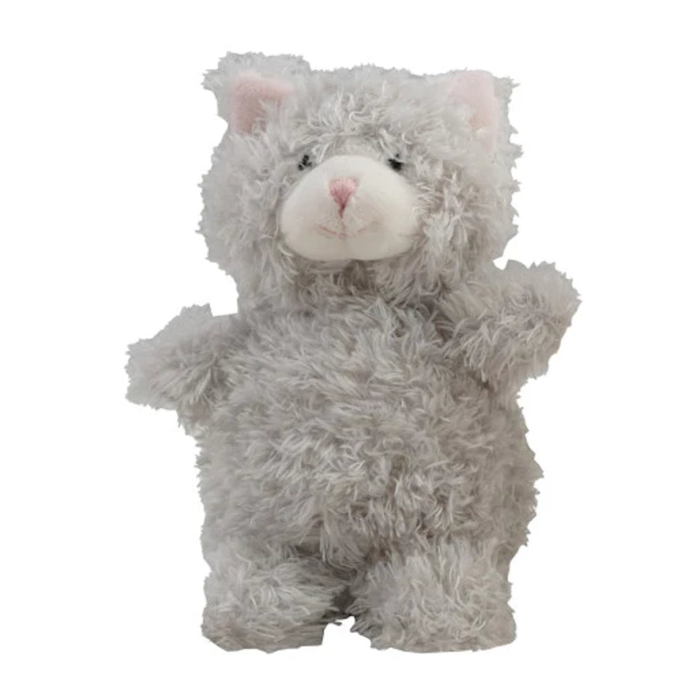 Fluffy grey plush kitten toy with pink ears and nose, standing against a white background.