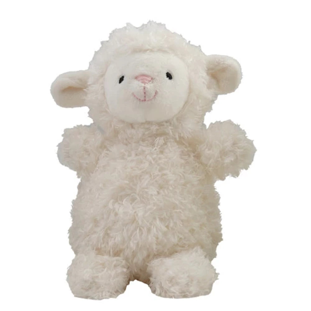 Soft white curly plush lamb toy with a pink stitched nose and smile on a white background.