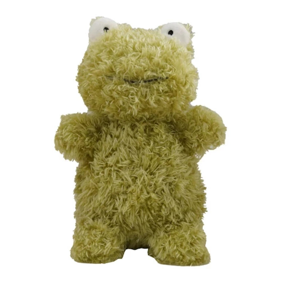 Green fuzzy plush frog stuffed animal toy with large white eyes on a white background.