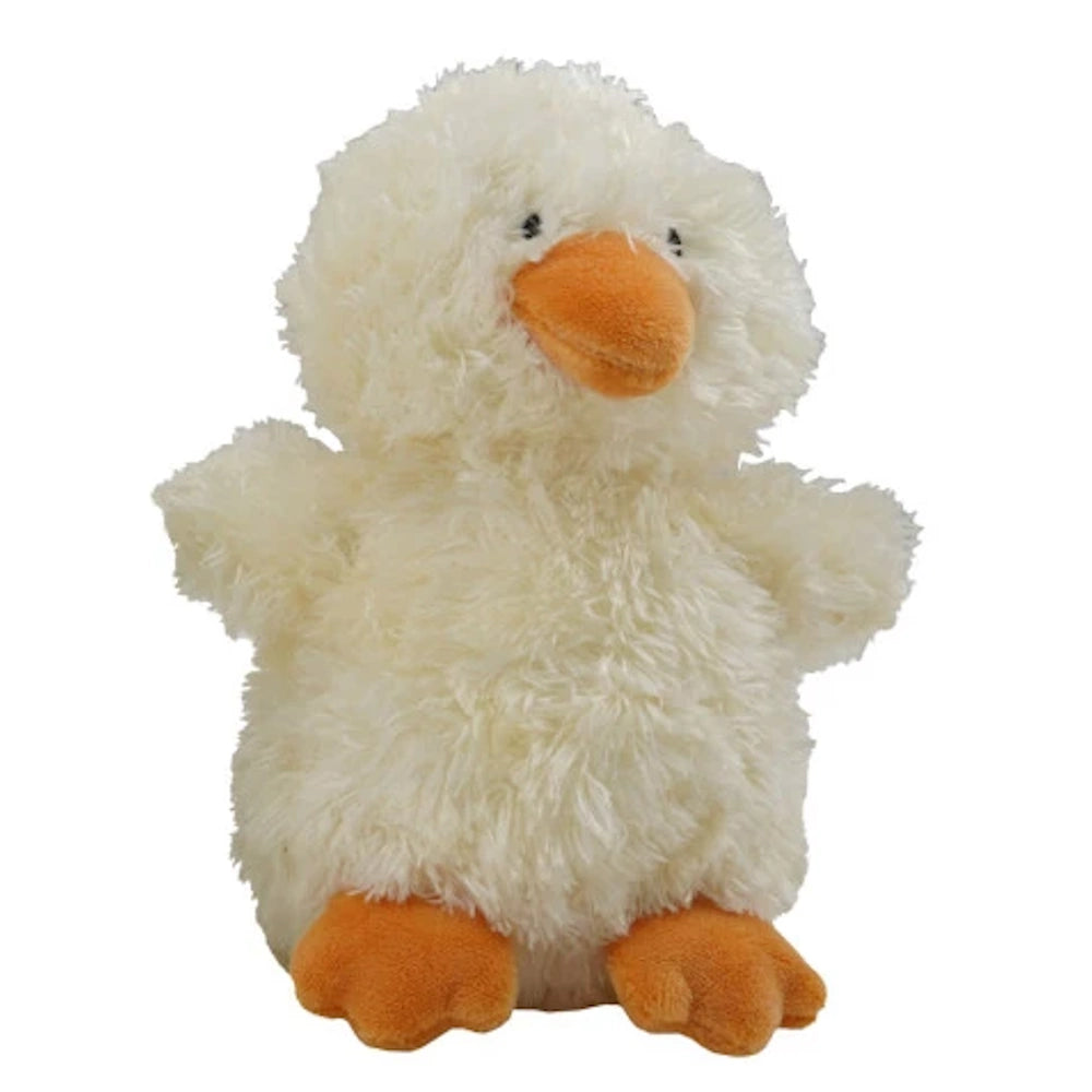 Soft yellow fluffy duckling plush toy with an orange beak and feet on a white background.