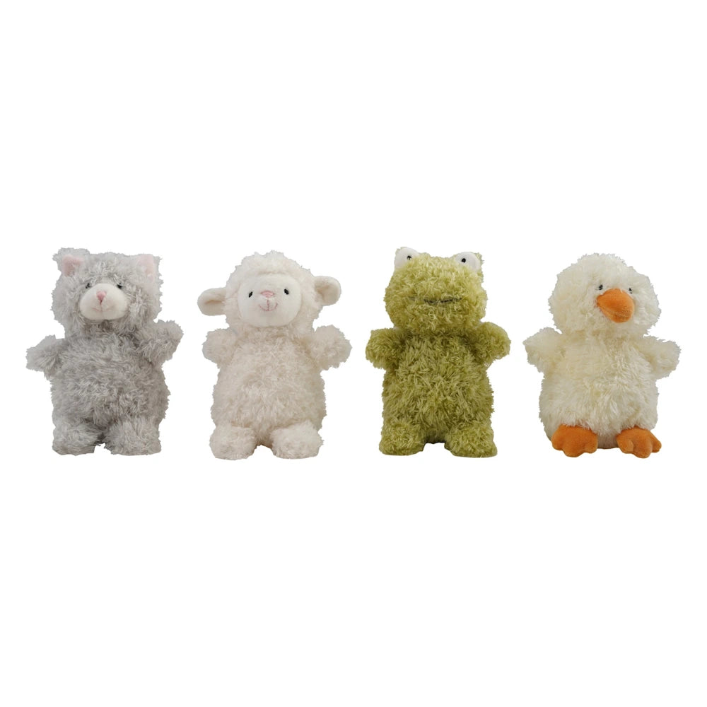 Four fuzzy plush toys, a grey cat, white lamb, green frog, and yellow chick.