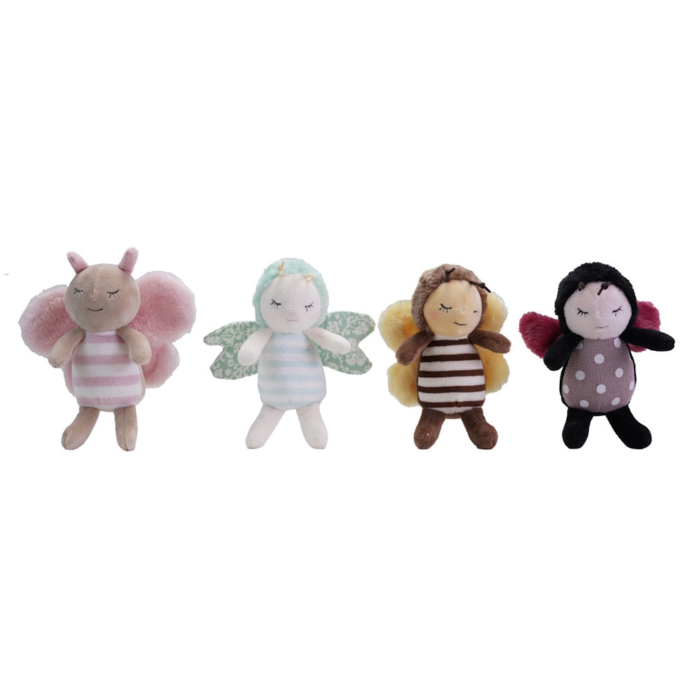 Four small plush insect toys lined up: a pink butterfly, a green fairy bug, a brown bee, and a ladybug.