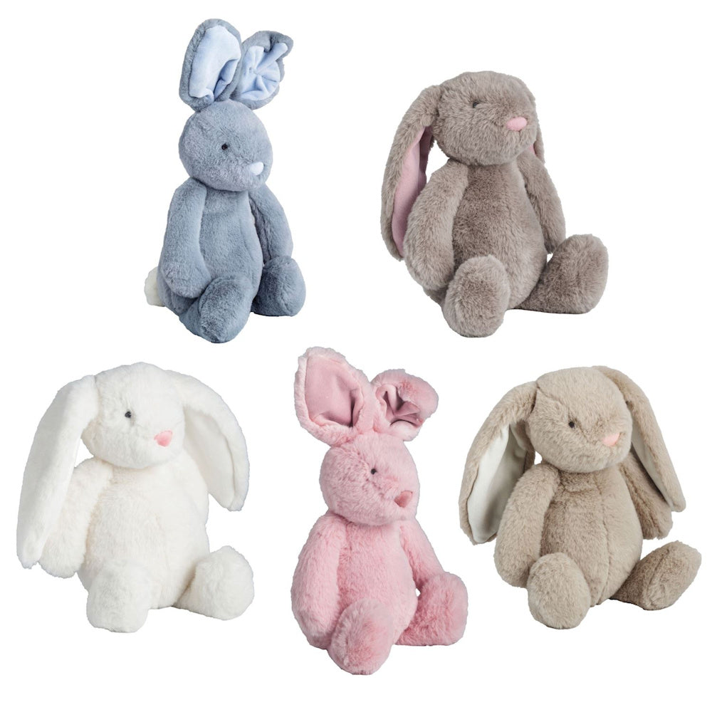 Five soft plush bunny toys in various colors (blue, grey, white, pink, beige) with long floppy ears, sitting on white.
