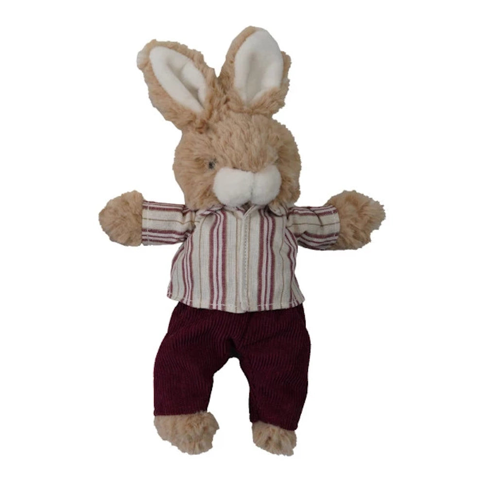 Plush bunny toy wearing a striped button-down shirt and maroon corduroy pants on a white background.